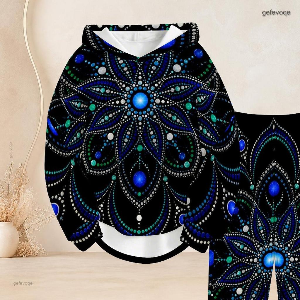 Women Plus Size Mandala Floral Printed Long Sleeve Hooded Top And Cuffed Pants Two Piece Outfit