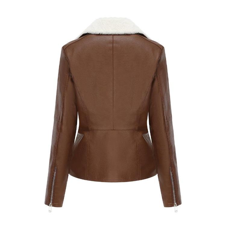 Women Fashion Slim Fit Pu Leather Jacket Long Sleeve Lapel Collar Zipper Fall Winter Coat