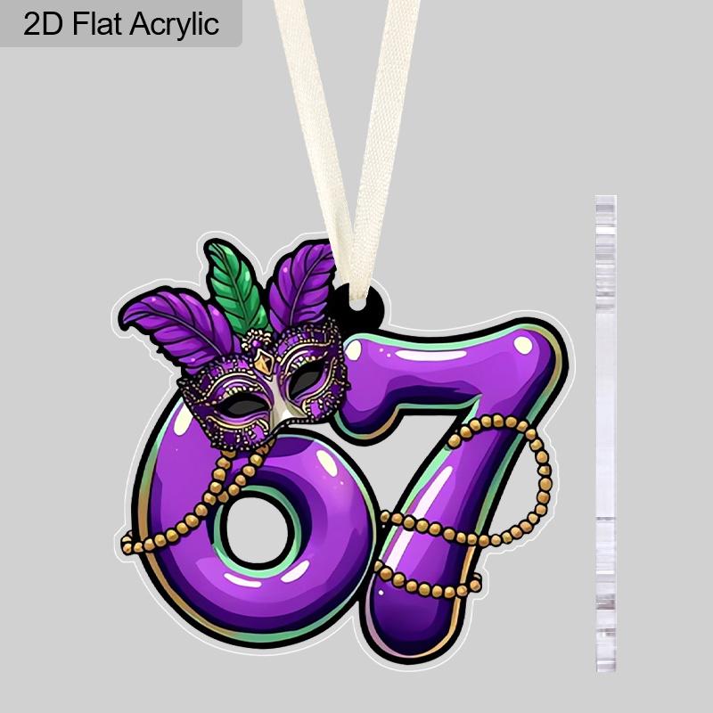 

1pc Acrylic Mardi Gras 67 Hanging Charm, Glossy Purple Number Design with Ornate Jester Mask, Mardi Gras Party Favors 1pc