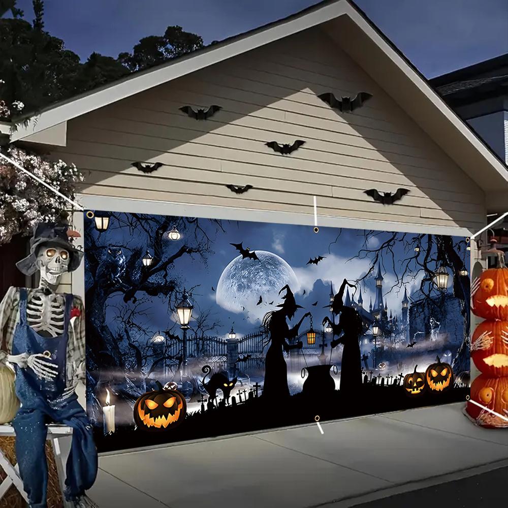 One large Halloween garage door banner made of durable polyester material featuring a ghostly witchzyc