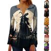 Women's Halloween Print V-Neck Long Sleeve T-Shirt with Sleeves and Pleated Button Front