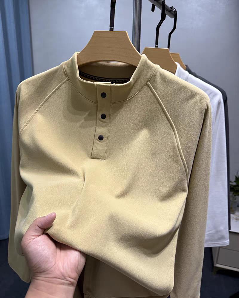 Men's Velvet Collar Henry Long Sleeve Base Layer Shirt - Warm Brushed Solid Casual Autumn/Winter Inner Wear