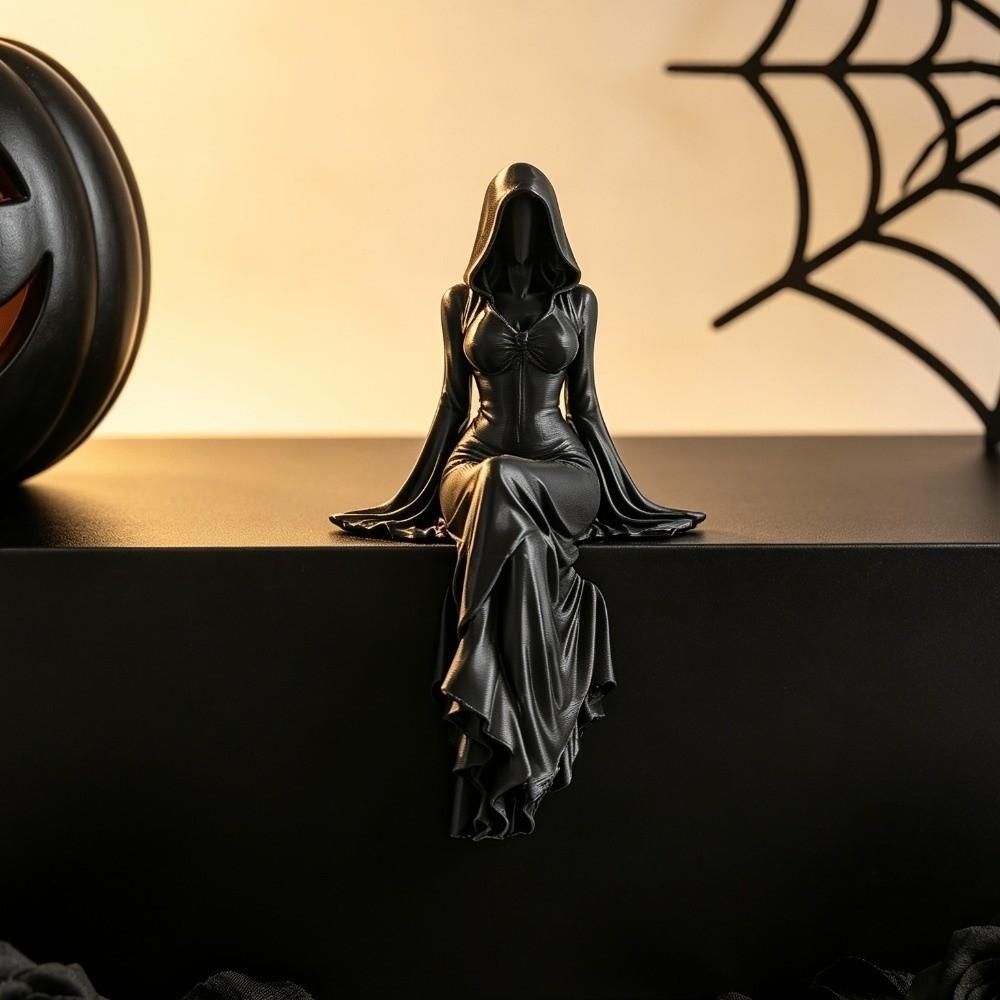 3D Printed Sitting Pose Lady Sculpture Gothic Style Hooded Woman Statue Home Decor