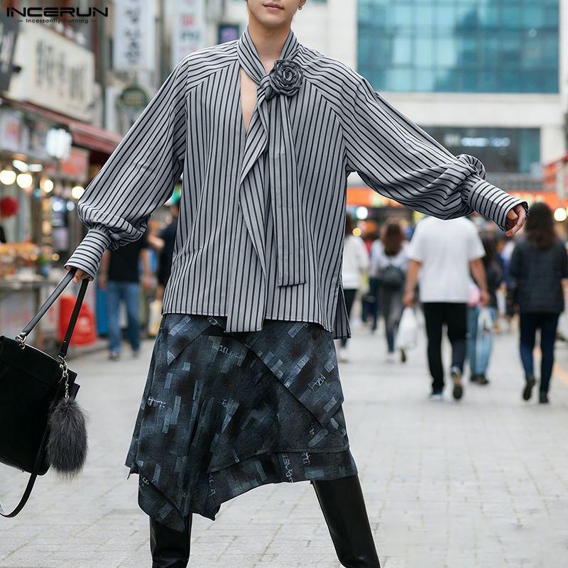 INCERUN Elegant Men Flower Tie Up Neck Long Sleeve Striped Casual Shirts Tops
