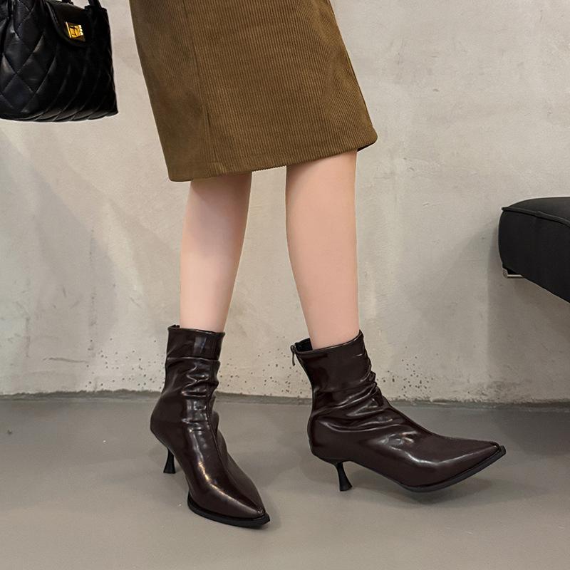 Patent Leather Trend Thin Boots High Heel Short Boots 2025 Autumn and Winter New European and American Versatile Pointed Thin Heel Black Short Boots