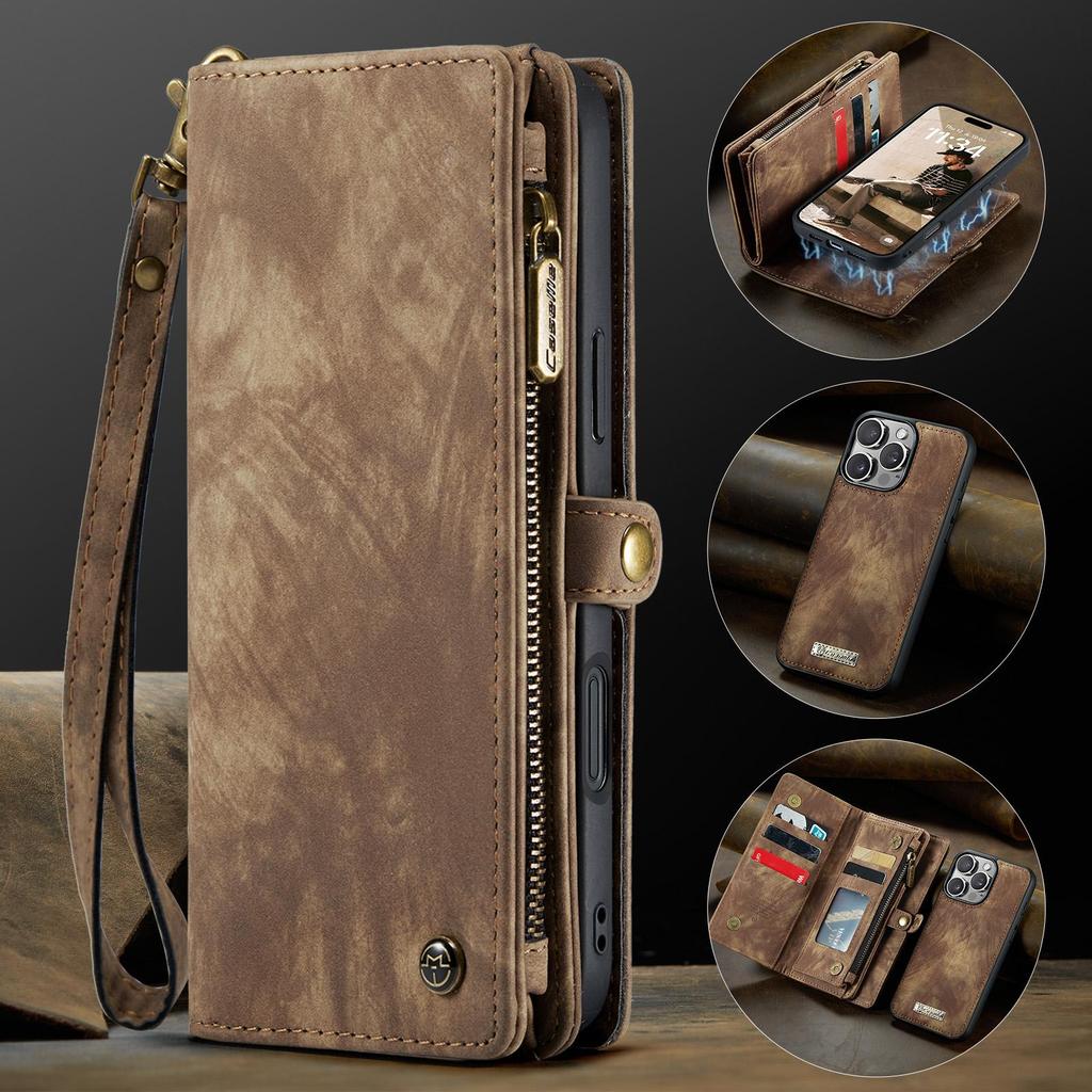 CaseMe-008 For iPhone 16 Pro Max Removable 2-in-1 Zipper Wrise Strap Multi-functional Wallet Case Card Slots Phone Cover