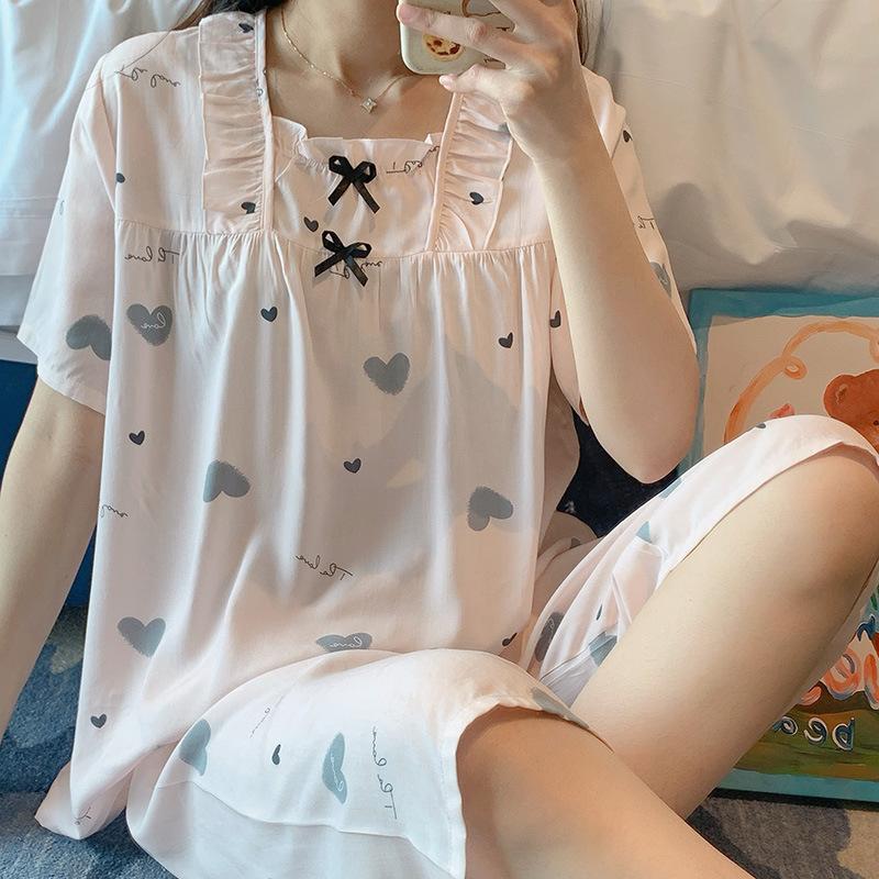 Summer New Printed Cotton Pajamas for Women, Sweet and Cute Short-sleeve Casual Girls' Loungewear, Suitable for Outerwear In Spring and Autumn