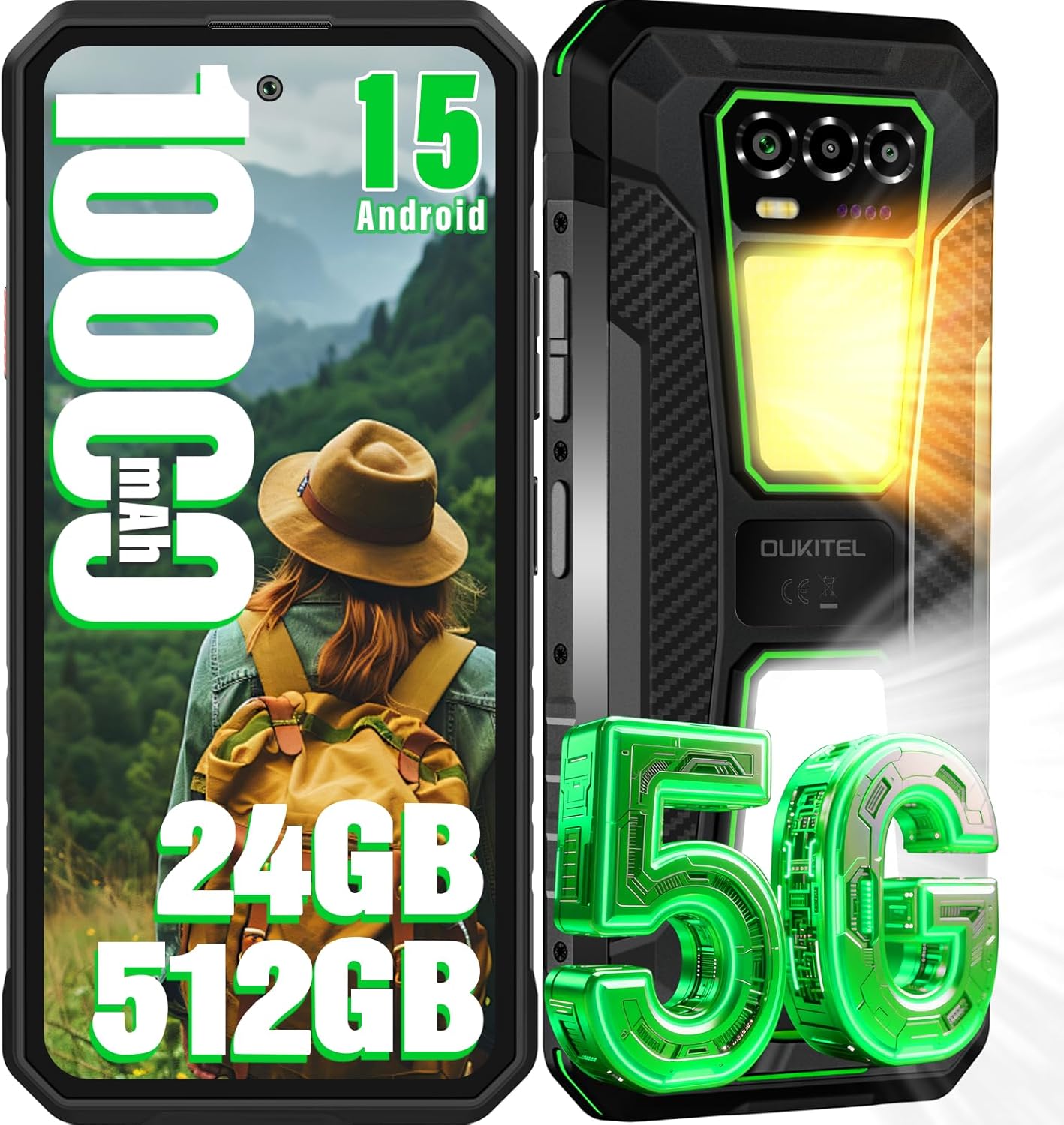 

OUKITEL WP58 PRO 5G Cellphone 24GB+512GB 6.7 Display 64MP 10000mAh Android 15 Smartphone зелений