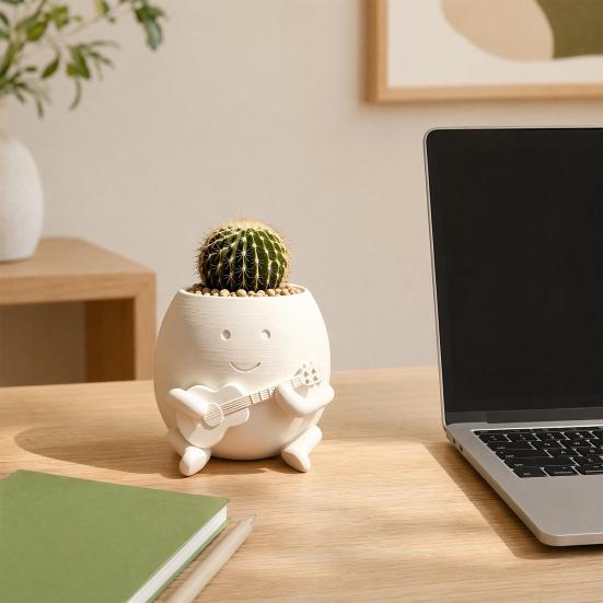 Guitarist Big Head Planter, Cute Smiling Face Flower Pot, Fun Guitar Player Plant Pot for Succulents Cacti Desk Shelf