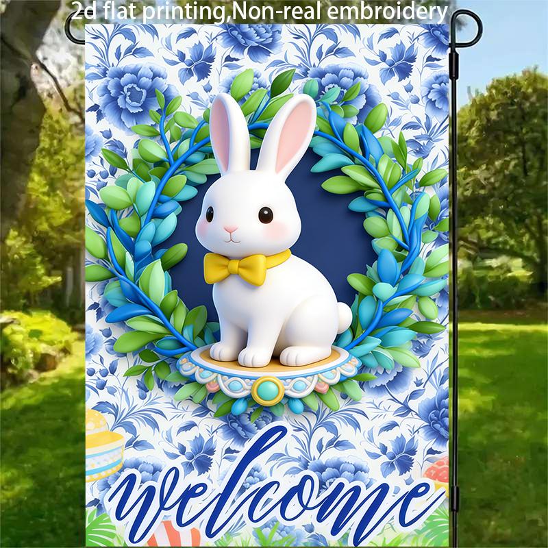 2D Flat, 1pc, 2D Flat Printing, Cute Rabbit Wreath Welcome Garden Flag, Polyester Material, Multiple Sizes Available, Machine Washable and Durable for