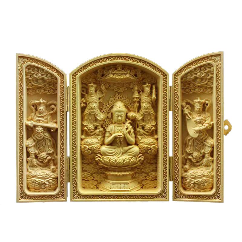 

Wooden Buddha Statue [Sankaibutsu] (Bodhisattva Seishi) Zodiac Amulet for the Year of the Horse, Carved from Boxwood. Good luck charm, protective