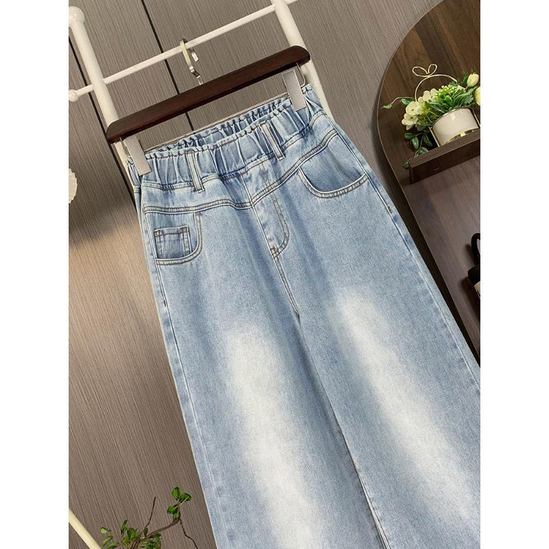 DIMANAF 2025 Plus Size Autumn Blue Basic Elastic Jeans Wide-leg Pants Women Loose Denim Trousers Big Casual Pants 6XL
