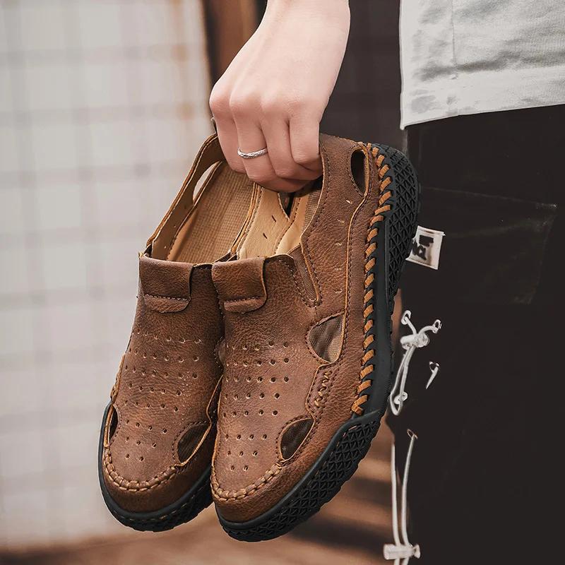 Fashion New Men's Summer Sandals Comfortable Mens Sandals Leisure Walk Loafers Handmade Leather Casual Flats Loafers Men Beach Shoes Man