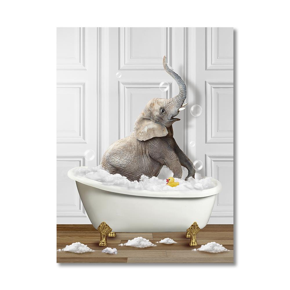 Animais Engraçados Arte de Parede Impressões de Pôster Girafa Banheira Pinguim Elefante Zebra Pintura em Tela Imagem para Quarto de Banho Quarto Decoração de Casa