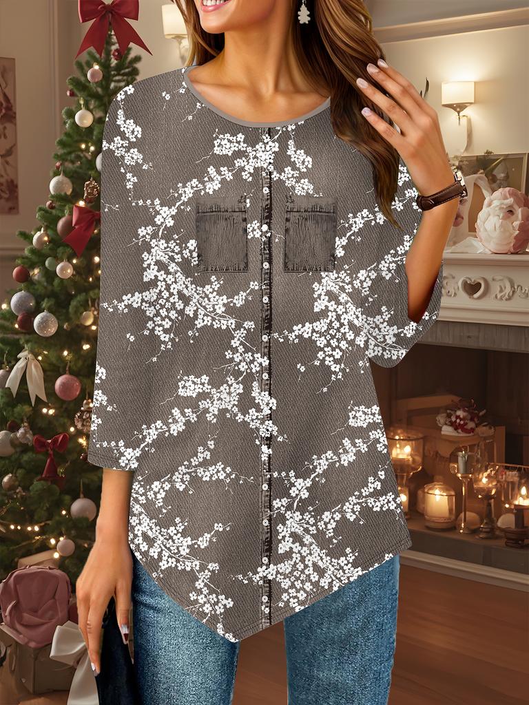 Damen Locker Rundhals Dreiviertelarm T-Shirt 3D Blumenmuster