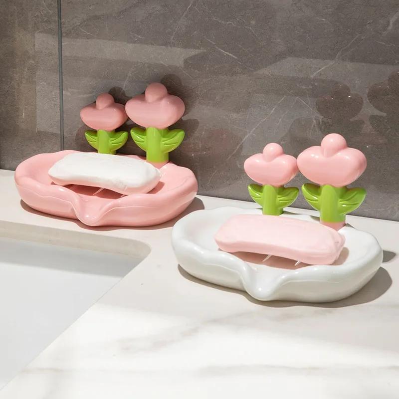 Plastic Drainage Soap Box Creative No Punch Household Flower Soap Box Hand Wash Station Place Soap