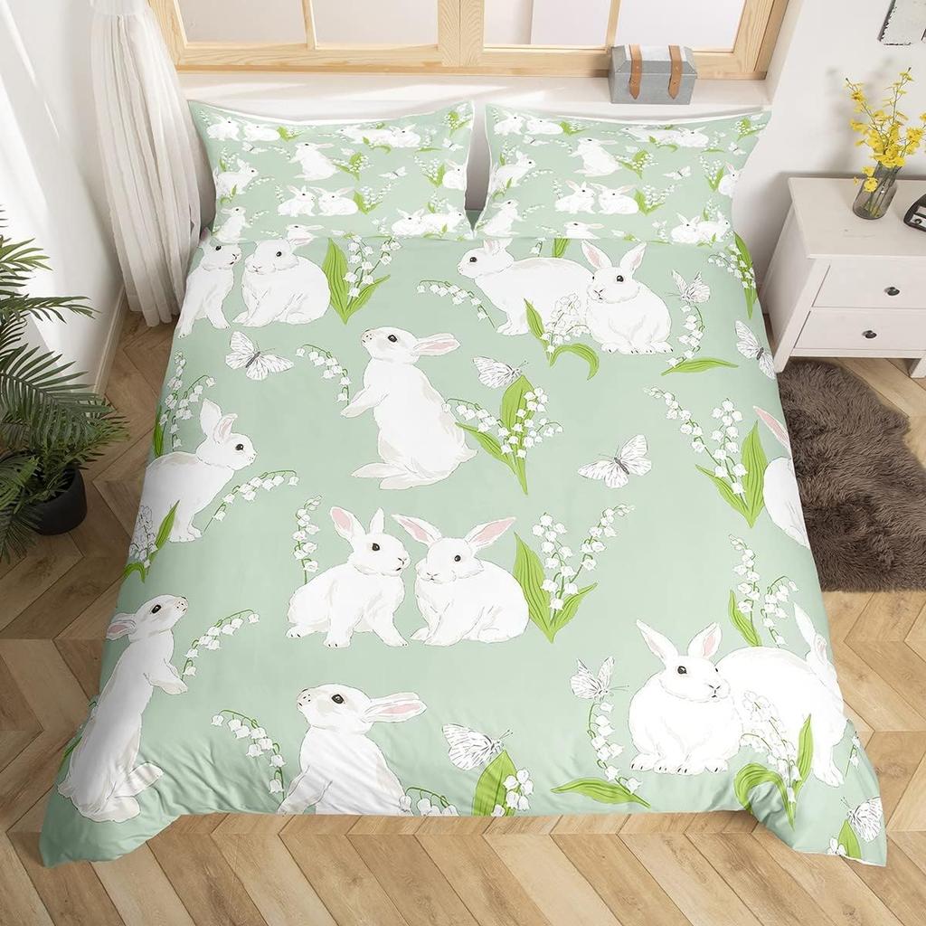 Kawaii Pet Rabbit Duvet Cover Set Full King Spring Botanical Leaves Bedding Set Easter Bunnies Couple Bowknot Print Quilt Cover