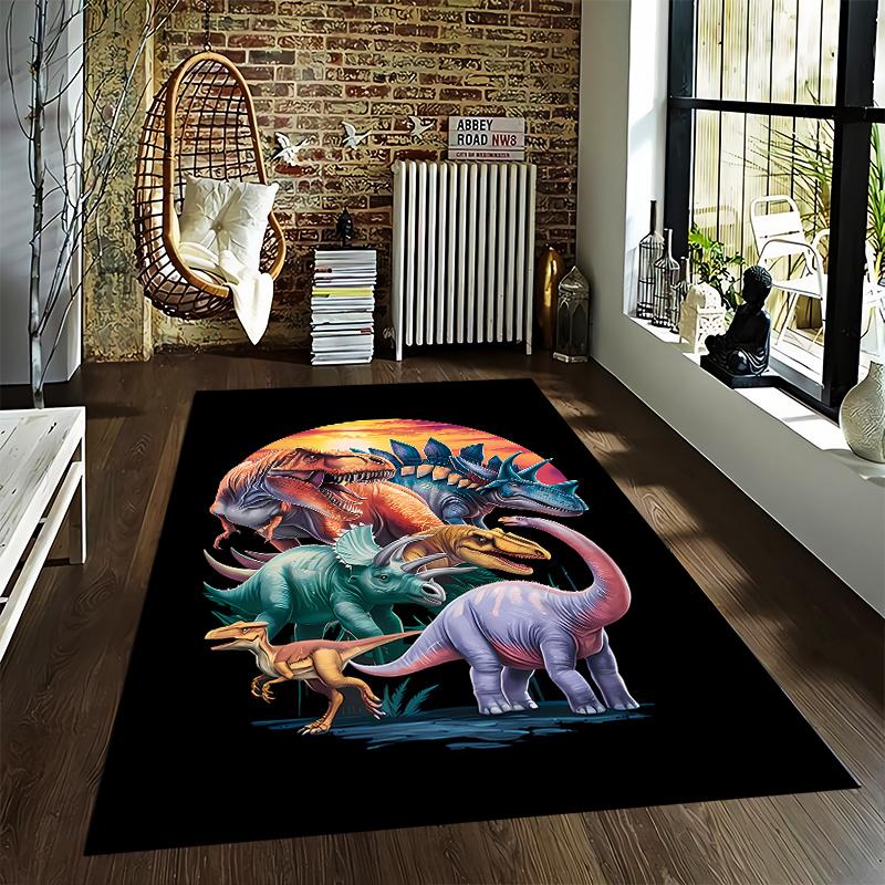 Colorful Cartoon Dinosaur Carpet with Sunset Background for Kids Room Suitable for use as an anti-slip for living room bedroom sofas