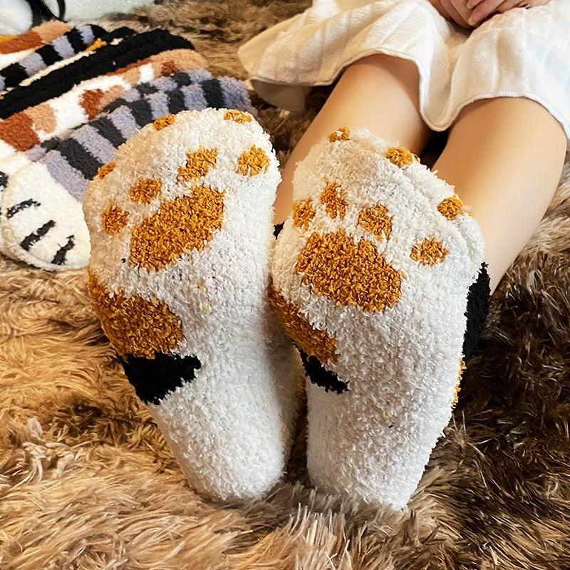 Winter Lamm Kawaii Cartoon Socken für Damen Niedliches 3D Hunde Katzen Pfotenmuster Fleece Warm Verdicken Lustige Plüschsocken Zuhause Boden Schlafen