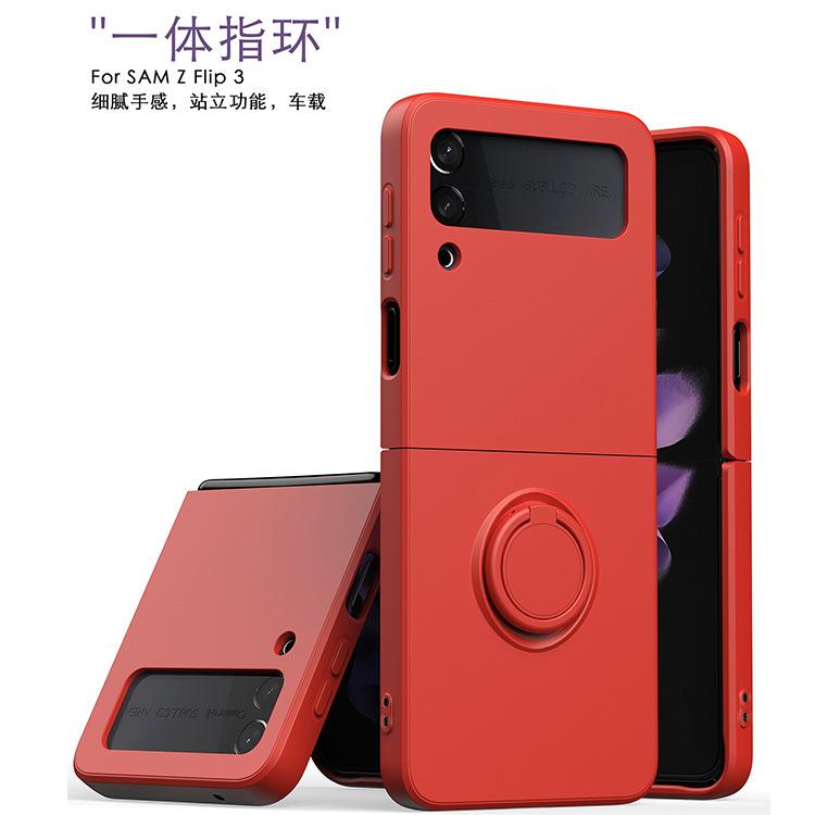 Applicable To Samsung ZFlip3 Folding Screen Mobile Phone Case Solid Color Liquid Silicone Ring Bracket All-inclusive Anti-drop Protective Case