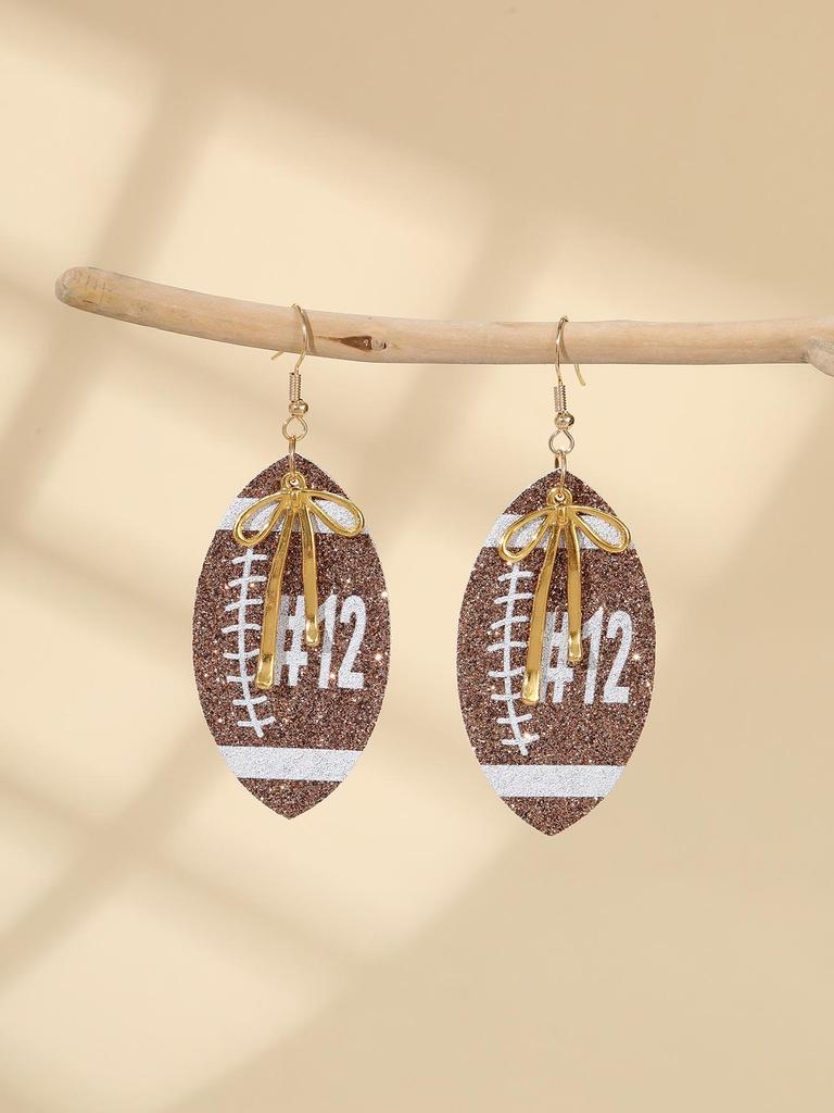 European-American Super Bowl Sporty PU Leather Football Earrings with Alloy Bowknot