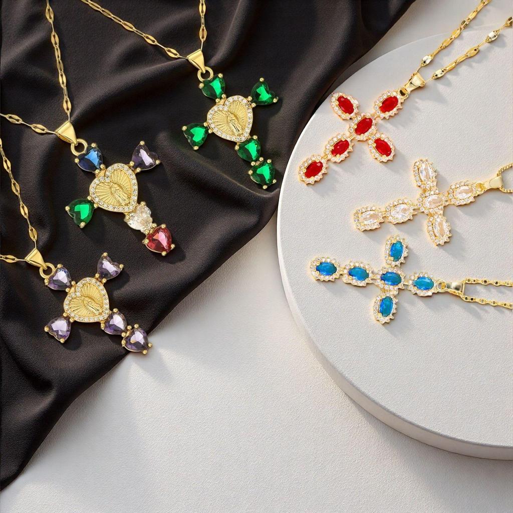 Gold-Plated Multi-Color Zirconia Cross Necklace with Full Diamond Design