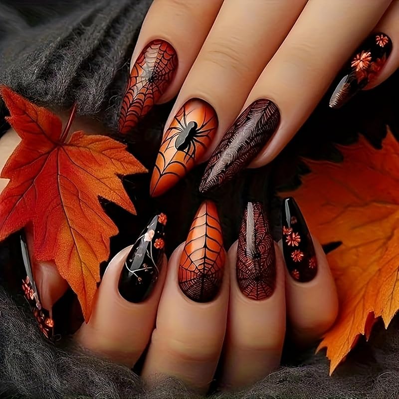 Fall Maple Leaf False Nail Thanksgiving Press On Nails Almond Shaped Medium Autumn Acrylic Artificial Fingernails Full Cover Glossy Thanksgiving