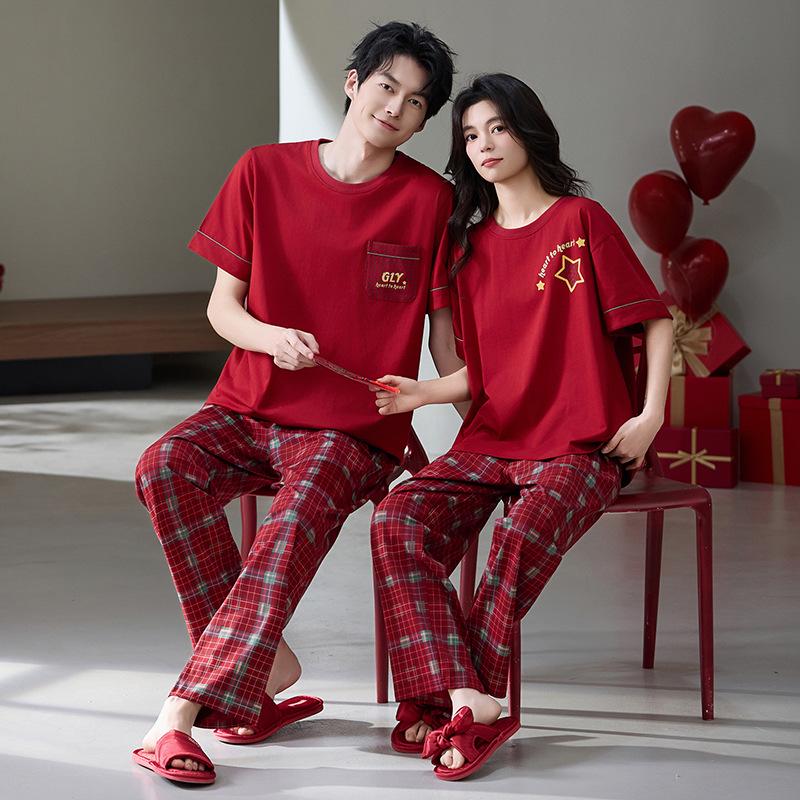 

Red Year of the Rat Cotton Couple Pajamas - Short-Sleeve Top with Long Pants for Home or Out Women XXL (170-176cm, 135-155lbs)
