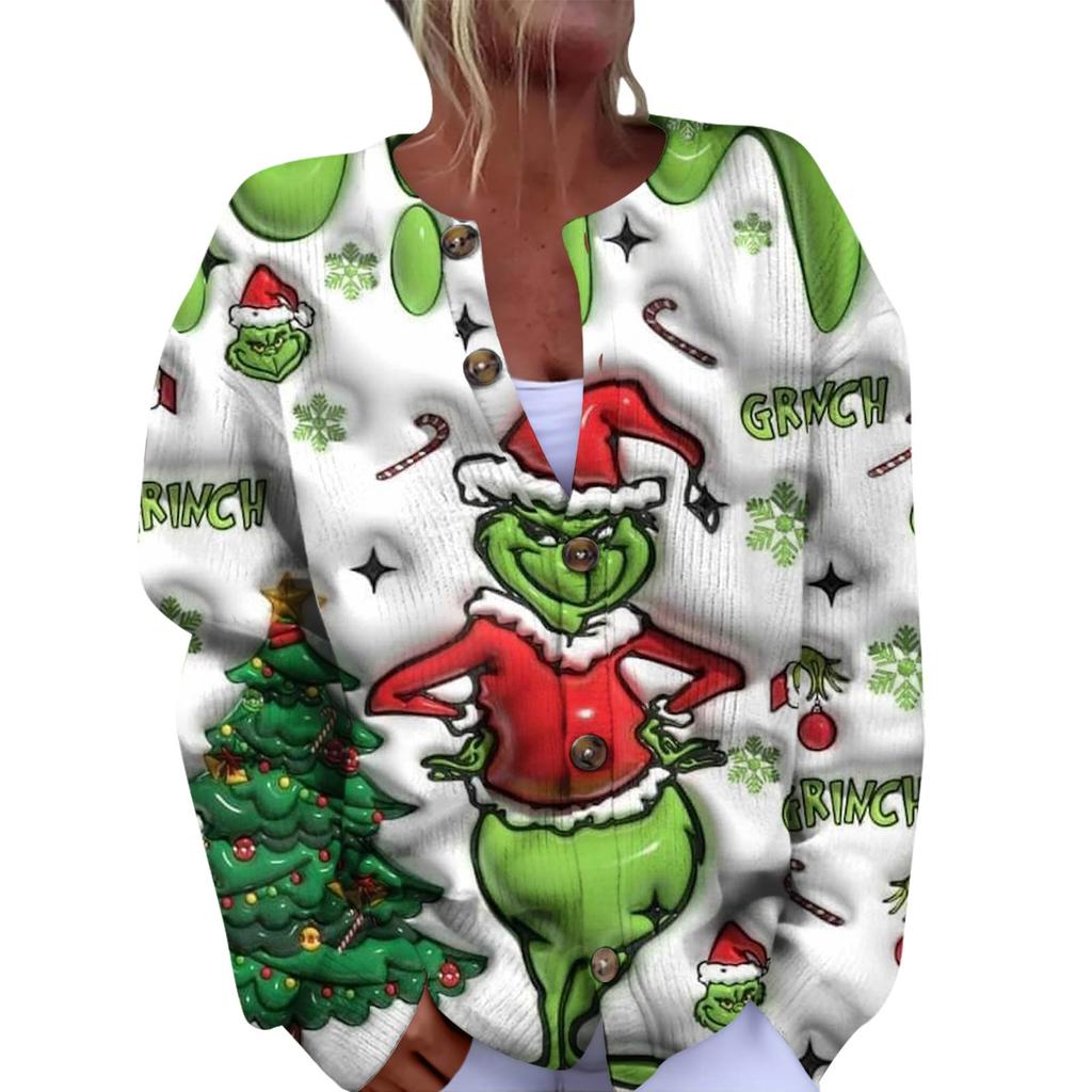 Women's Fashion Christmas Printed Long Sleeve Knitted Cardigan Button Down Jacket