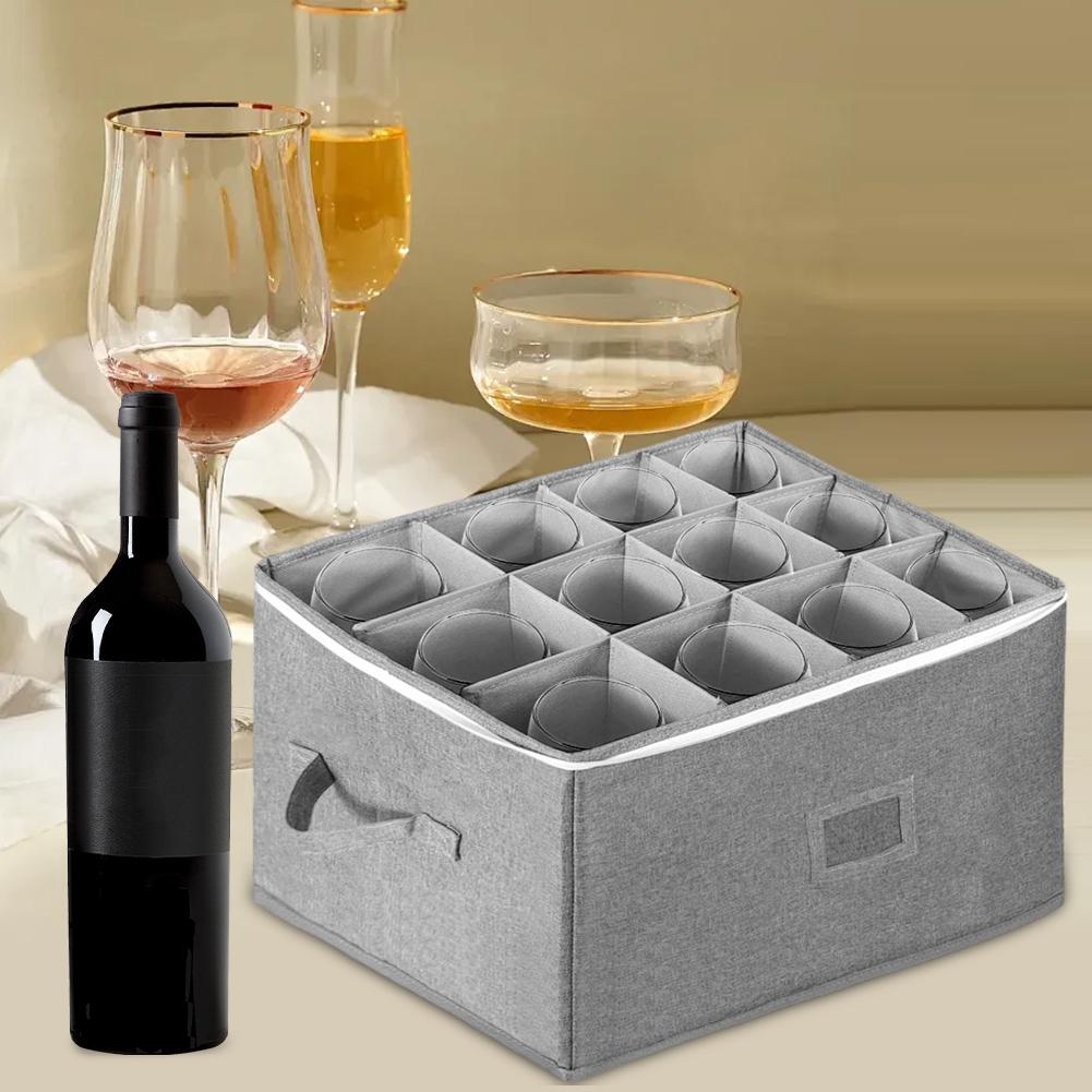 Organized Storage Box for Wine Glasses Holds 12 with Stackable Hard Shell and Customizable Dividers for Impact Protection