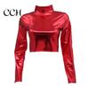 Club Crop Top Women Glossy Faux Leather Half-high Collar Solid Color Waist-exposed Long Sleeve Skinny Pullover Elastic Nightclub Stage Show