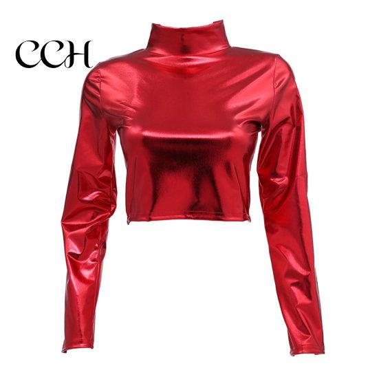 Club Crop Top Women Glossy Faux Leather Half-high Collar Solid Color Waist-exposed Long Sleeve Skinny Pullover Elastic Nightclub Stage Show