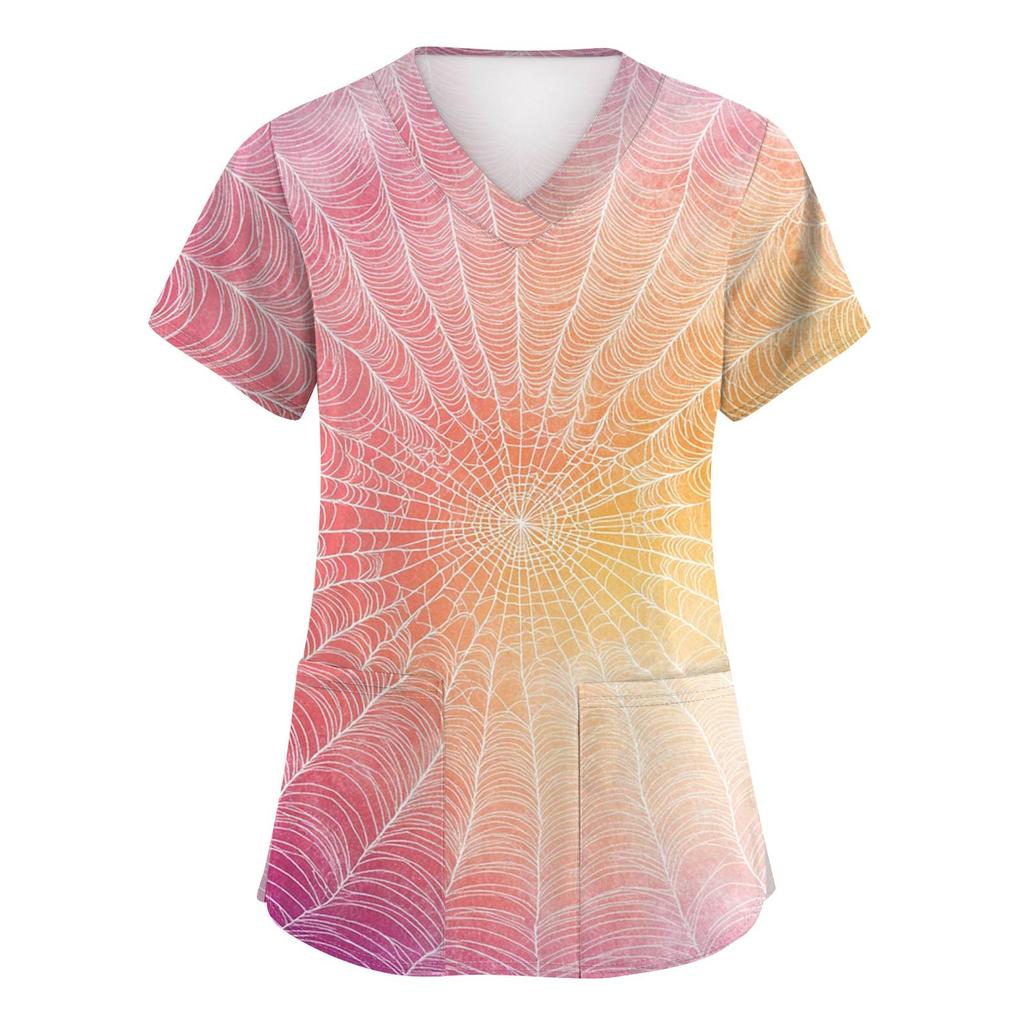 Women's Fashion V-neck Short-sleeved Work Uniform With Pockets, Halloween Print Top
