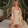 Elegantes Satinspitzen Durchsichtiges Gepolstertes Kurzarm-Cami-Nachthemd & Morgenmantel-Set für Damen