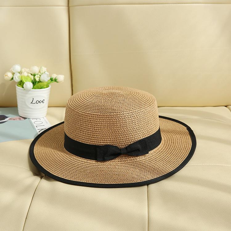 Flat Top White Straw Hat Female British Beach Hat Sunscreen Versatile Hemming Top Hat Seaside Travel Vacation Hat Travel