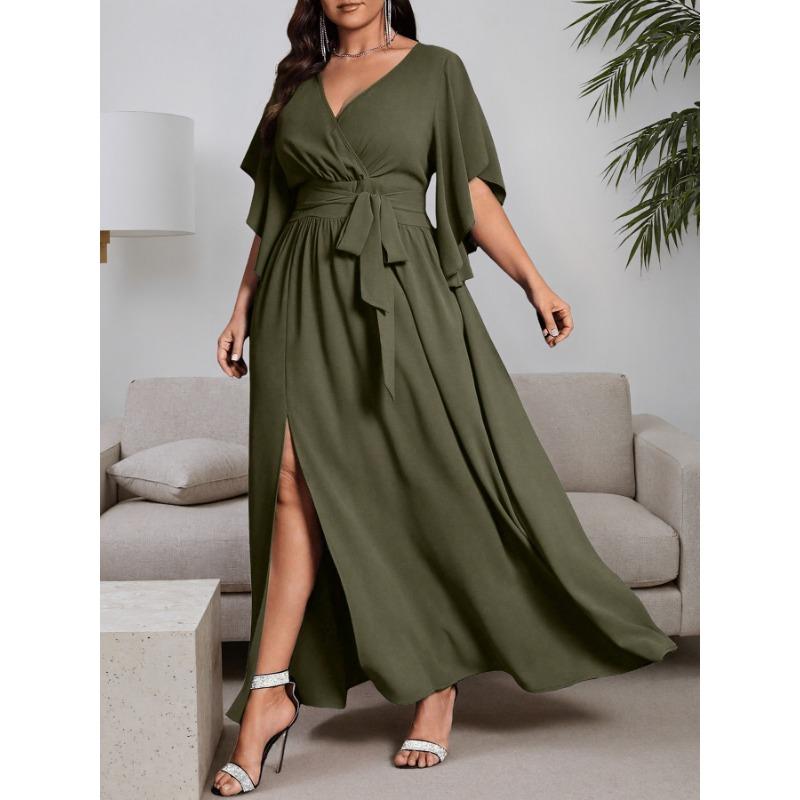 Plus Size Women Cross V Neck Frill Short Sleeve High Waist Long Banquet Evening Dress
