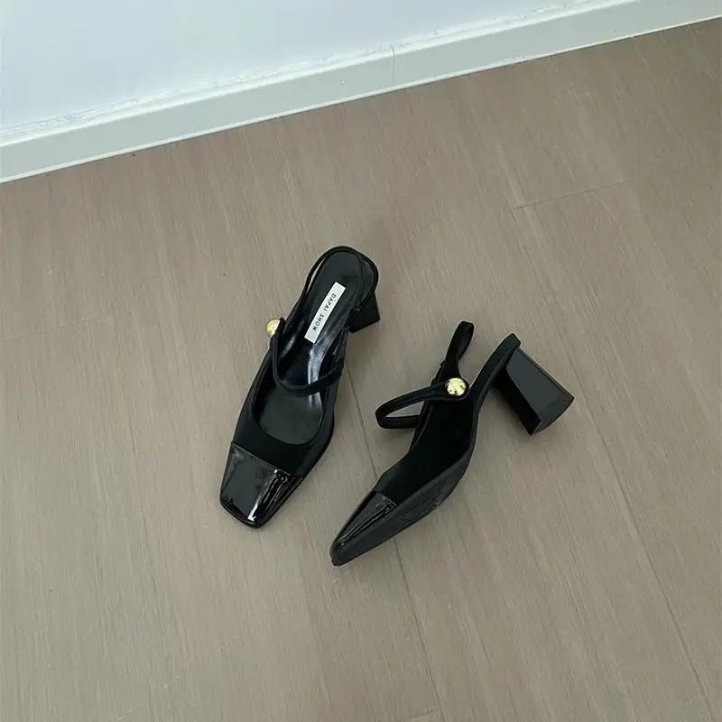 

Fashion 2025 Summer High Heel Women Sandals Fashion Square Toe Shoes Design Style Banquet Party Sandalias Shoes 35 чёрный