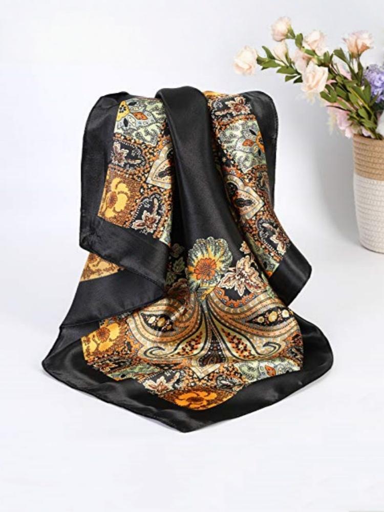 Women s satin large square headscarf, imitation silk neck scarf, printed silk scarf, sleeping headscarf, satin silk scarf чёрный