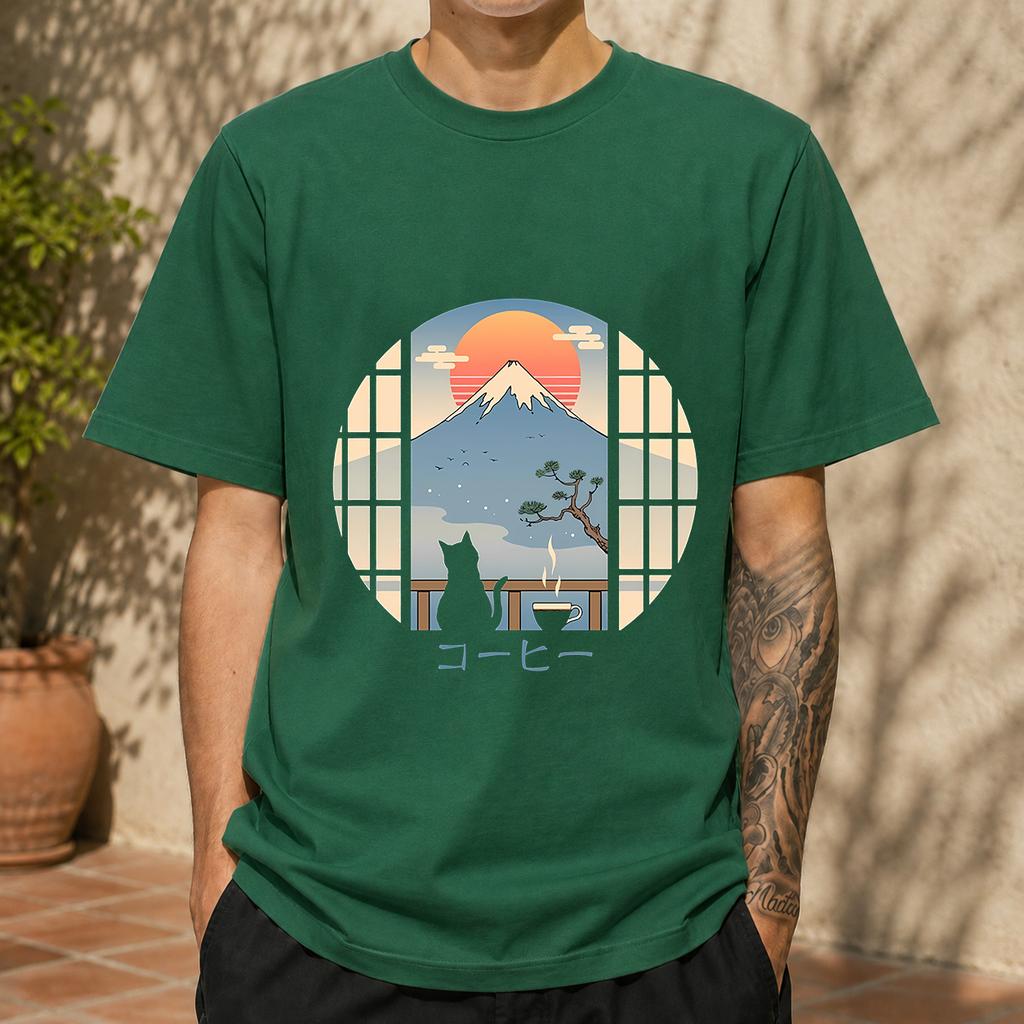 2026 New Cotton Tshirt Japanese Style Mount Fuji Black Cat Coffee Versatile Casual Short Sleeve Top