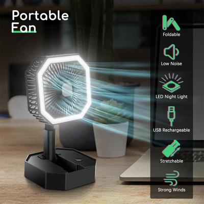 2 v 1 Mini chladicí ventilátor s LED světlem Přenosný Skládací Nastavitelná výška Úhel USB dobíjecí