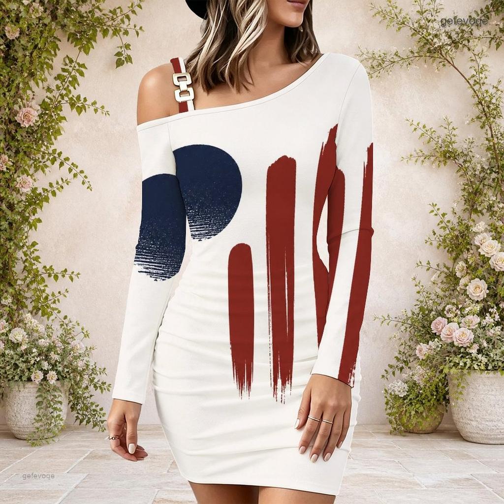Women Plus Size One Shoulder Long Sleeve Star Stripe Printed Bodycon Mini Dress