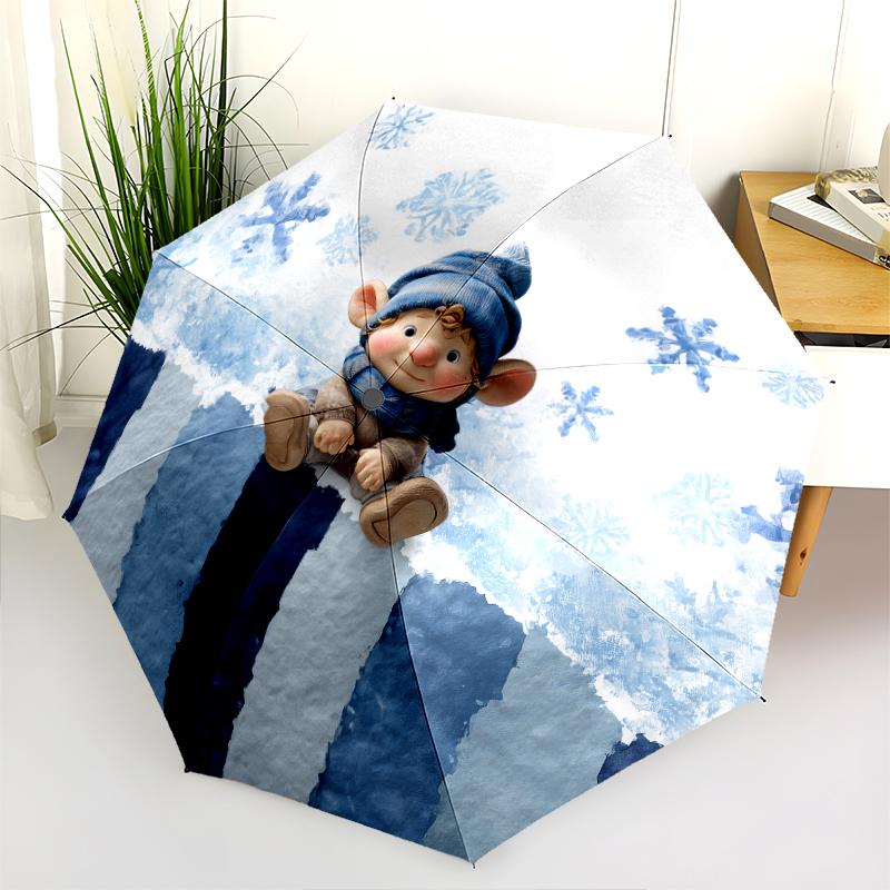 Cartoon Snowman Pattern, Automatic Folding Umbrella, Portable and Foldable Design, 8 Ribs, a Christmas or Birthday Gift.