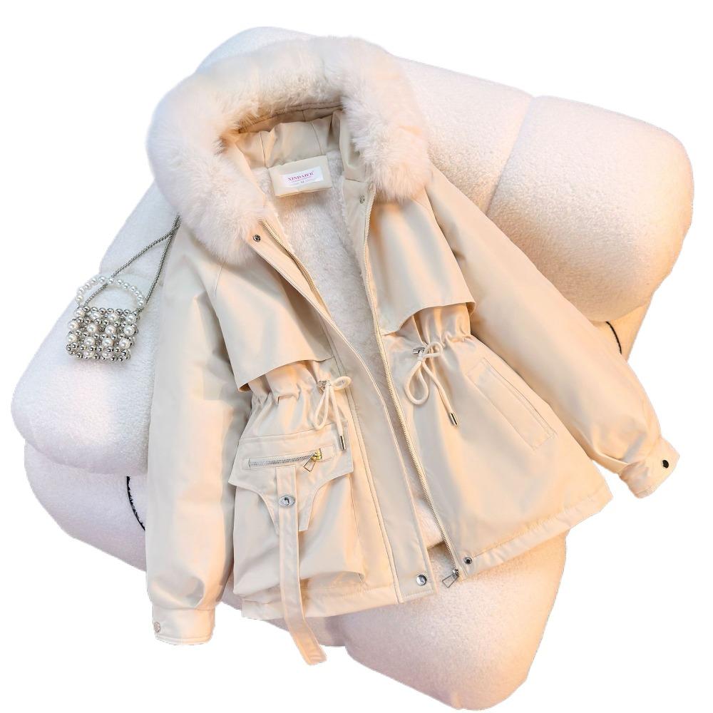 Women's Winter Parka Coat Large Fur Collar Fashion Versatile Fleece Lined All-In-One Warm Jacket Thick Outerwear