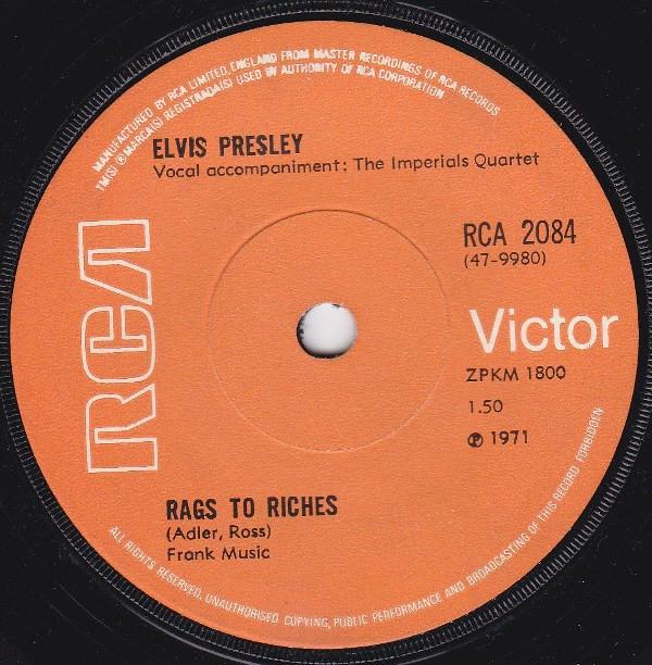 

7inch Record ELVIS PRESLEY - Rags To Riches RCA2084 RCA Victor UK Pop Used