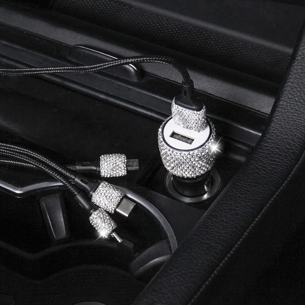 USB Car Charger Pink Crystal Diamond 5V 2.1A Dual Port Fast Charging Adapter 3 in 1 Charging Cable for IPhone Samsung Huawei