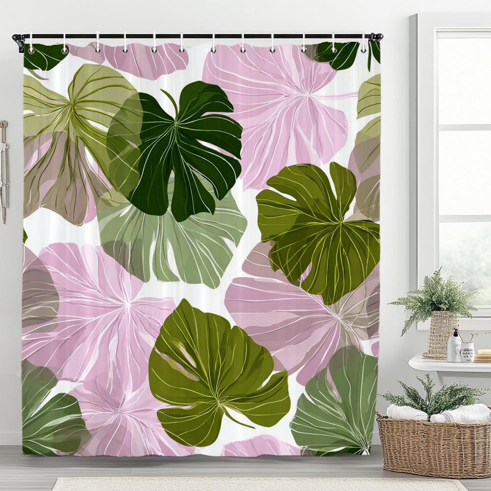 Tropical Plant Leaves Shower Curtain for Bathroom Romantic Wildflower Plants Nature Scenery Decorative Curtain Set with Hooks