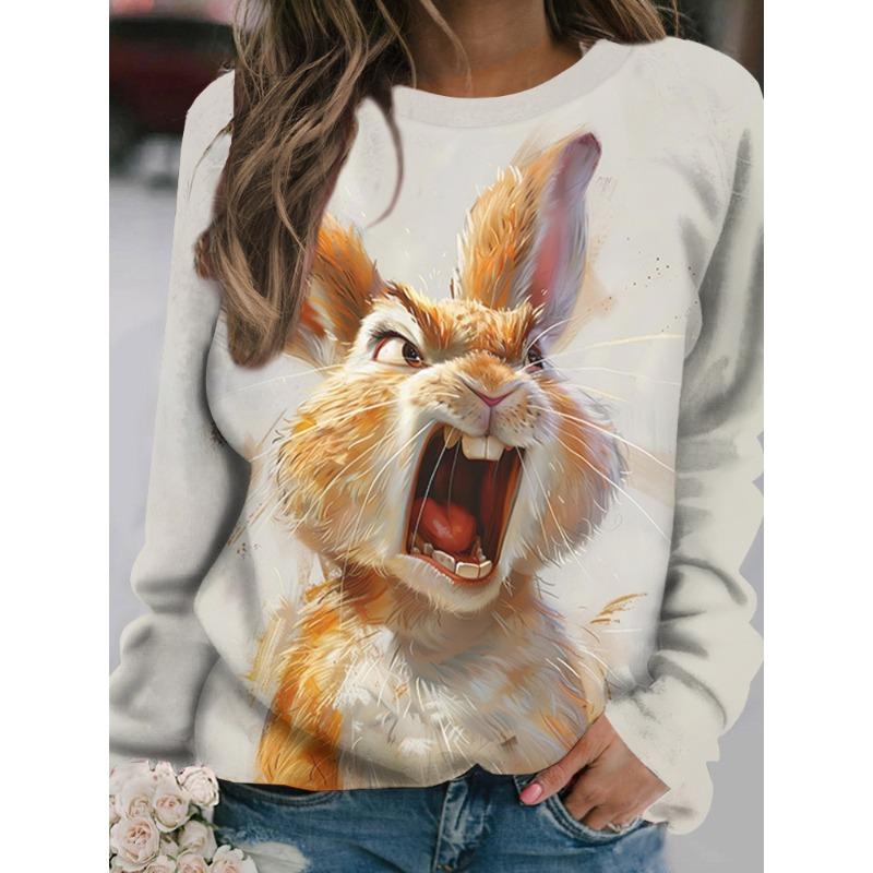 Women's Long-Sleeved T-Shirt for Fall Outdoor Casual Long-Sleeved Top Cartoon Funny Rabbit Print OverSize Women's Clothing