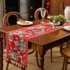 Elegant Dining Table Decor Jacquard Floral Runner, Vintage Peony Farmhouse Runner with Tassels for Home Wedding Party Tassel Edge