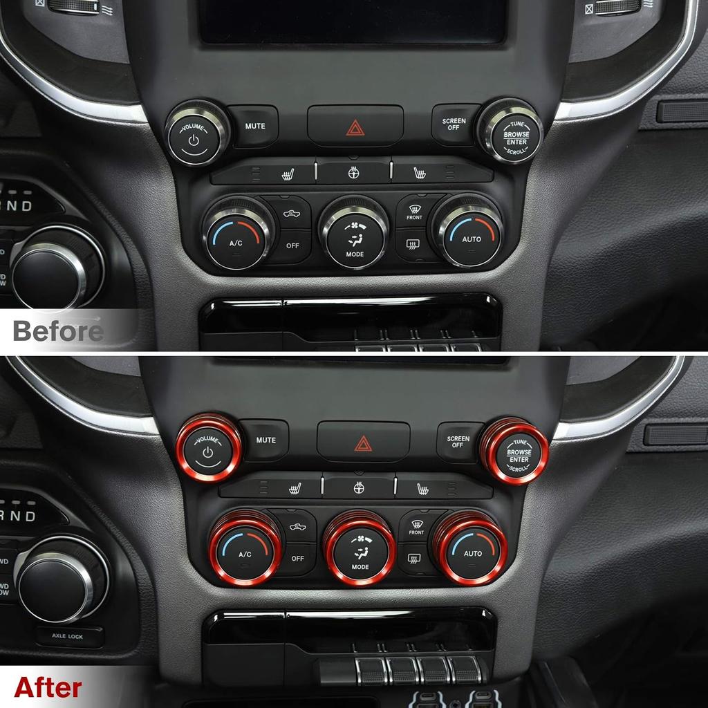 Voodonala Aluminum Center Console AC Radio Headlight Dashboard CD Switch Climate Control HVAC Knob Cover for 2018-2025+ Dodge RAM Interior