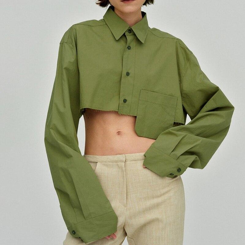 Vit Skjorta Dam 2023 Höst Mode Asymmetrisk Sömnad Ficka Korta Toppar Sexig Exponerad Navel Blus Vardagskläder 28626